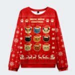 Front view of the Meow Meow Christmas Ugly Sweatshirt featuring colorful cat faces on a vibrant red background.