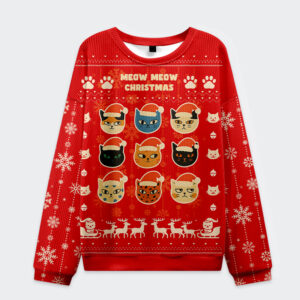 Front view of the Meow Meow Christmas Ugly Sweatshirt featuring colorful cat faces on a vibrant red background.