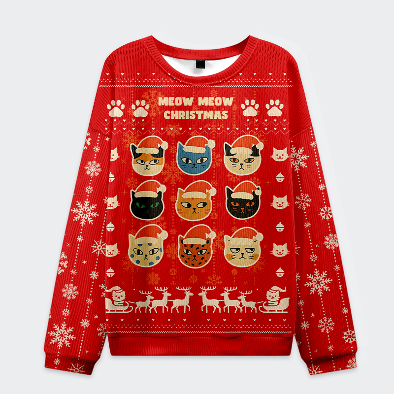 Meow Meow Christmas Ugly Sweatshirt Front view of the Meow Meow Christmas Ugly Sweatshirt featuring colorful cat faces on a vibrant red background.
