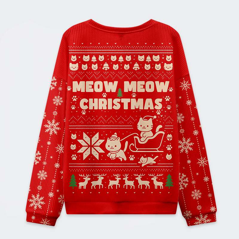 Meow Meow Christmas Ugly Sweatshirt Back view of the Meow Meow Christmas Ugly Sweatshirt showcasing a cozy fit and festive red color.