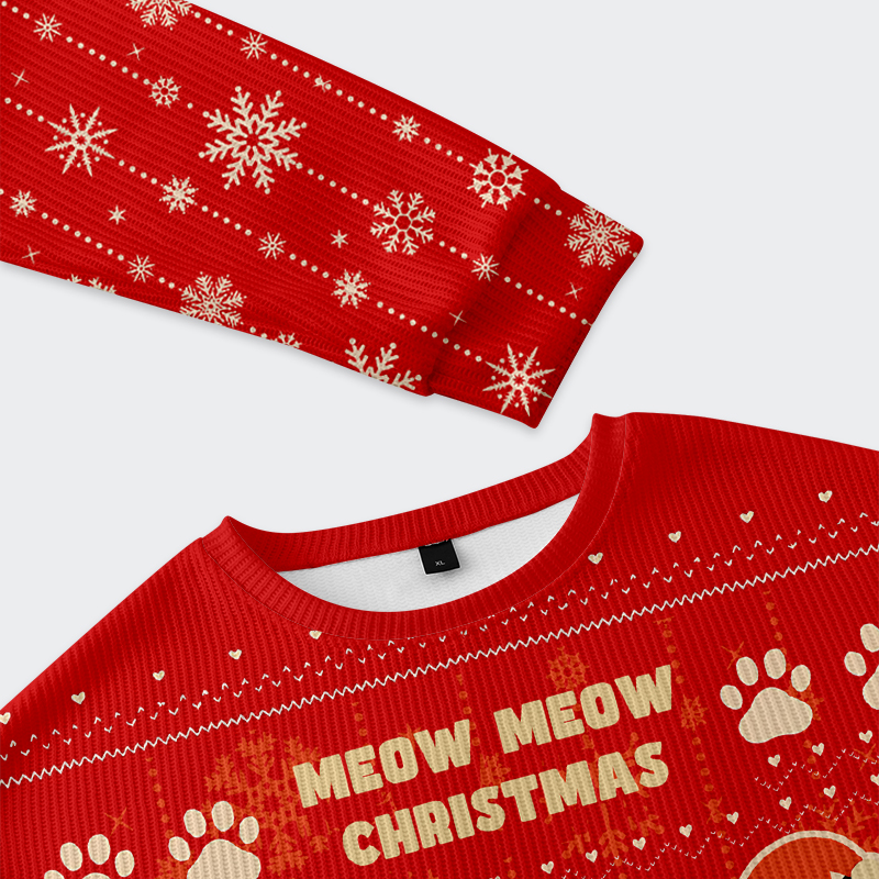Meow Meow Christmas Ugly Sweatshirt Close-up detail of the Meow Meow Christmas Ugly Sweatshirt, highlighting the unique cat design and winter motifs.