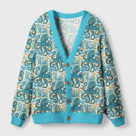 Front view of the mystic octopus waves cardigan sweater featuring vibrant blue and ocean-themed designs.