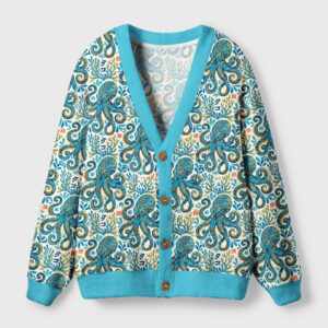 Front view of the mystic octopus waves cardigan sweater featuring vibrant blue and ocean-themed designs.