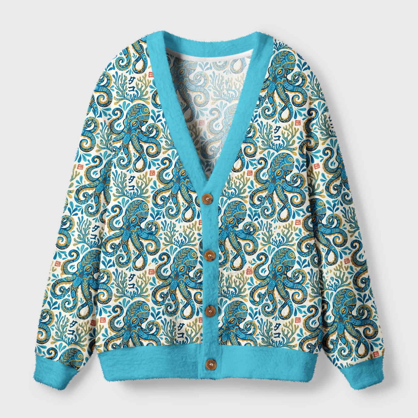 Mystic Octopus Waves Cardigan Sweater Front view of the mystic octopus waves cardigan sweater featuring vibrant blue and ocean-themed designs.