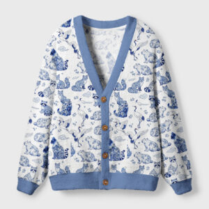 Floral animals cardigan sweater in blue featuring a whimsical animal print, front view with button details.