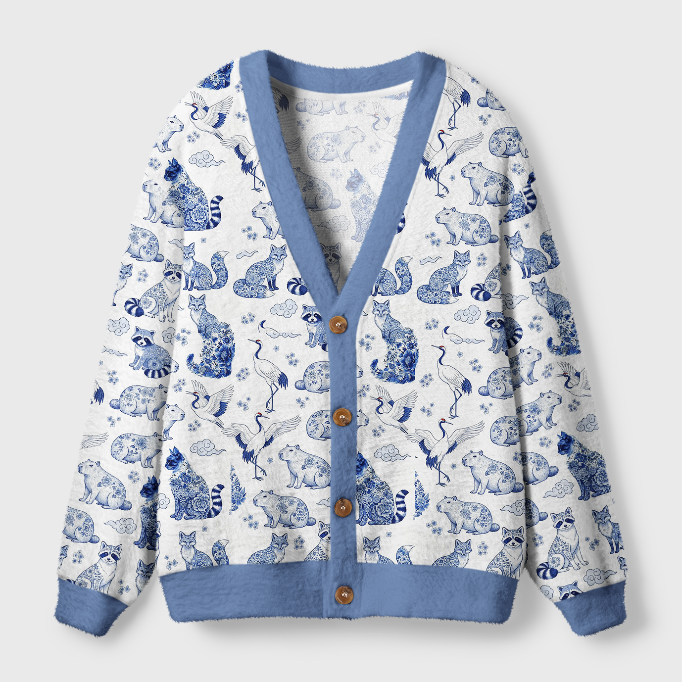 Floral Animals Cardigan Sweater Floral animals cardigan sweater in blue featuring a whimsical animal print, front view with button details.