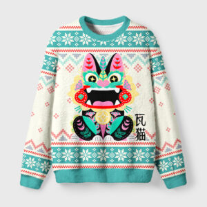 Front view of the lucky tile cat fuzzy Christmas sweatshirt featuring a colorful cat design and festive patterns.