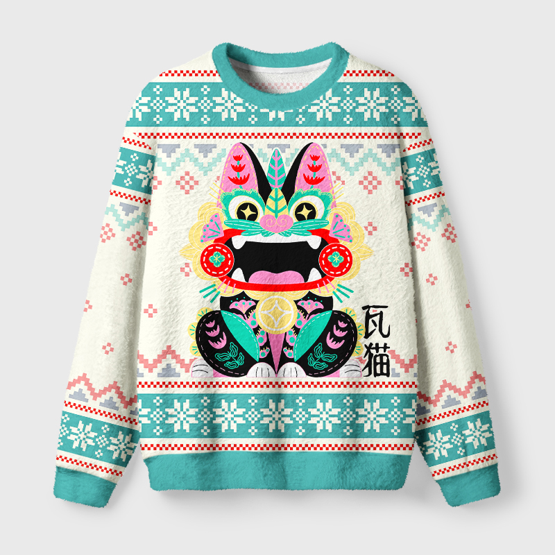 Lucky Tile Cat Fuzzy Christmas Sweatshirt Front view of the lucky tile cat fuzzy Christmas sweatshirt featuring a colorful cat design and festive patterns.