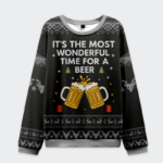 Front view of the black Most Wonderful Time for a Beer Christmas sweatshirt featuring festive beer mugs and snowflakes.