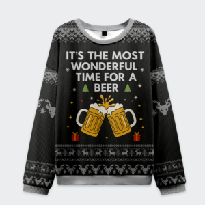 Front view of the black Most Wonderful Time for a Beer Christmas sweatshirt featuring festive beer mugs and snowflakes.