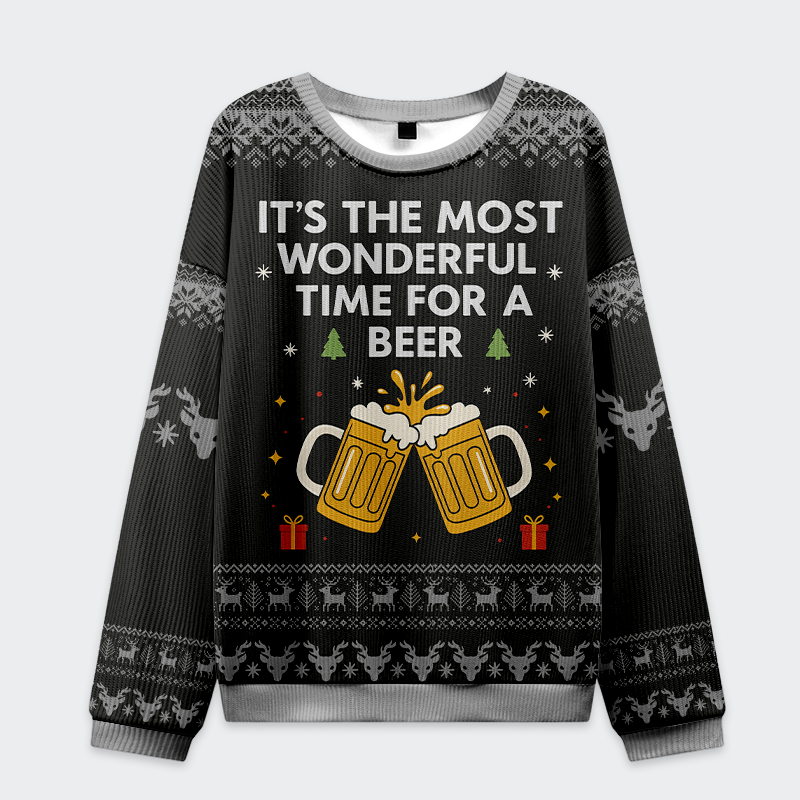 Most Wonderful Time For A Beer Christmas Sweatshirt Front view of the black Most Wonderful Time for a Beer Christmas sweatshirt featuring festive beer mugs and snowflakes.