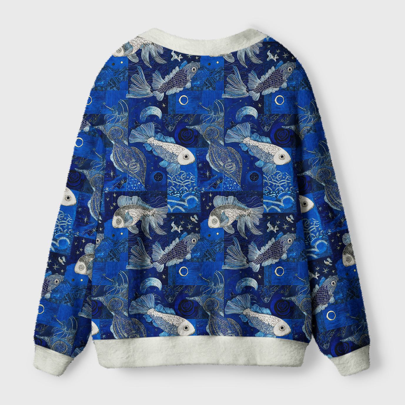 Moonlight Dancing Fish Cardigan Sweater | Celestial Design Back angle of the moonlight dancing fish cardigan sweater showcasing its cozy fit and unique celestial pattern.