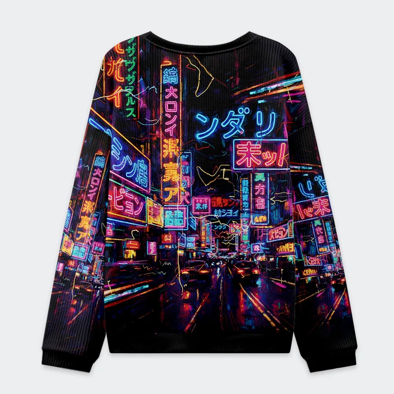 Japanese Street Scene Christmas Ugly Sweatshirt Back of the Japanese street scene Christmas ugly sweatshirt showcasing a colorful urban art style.