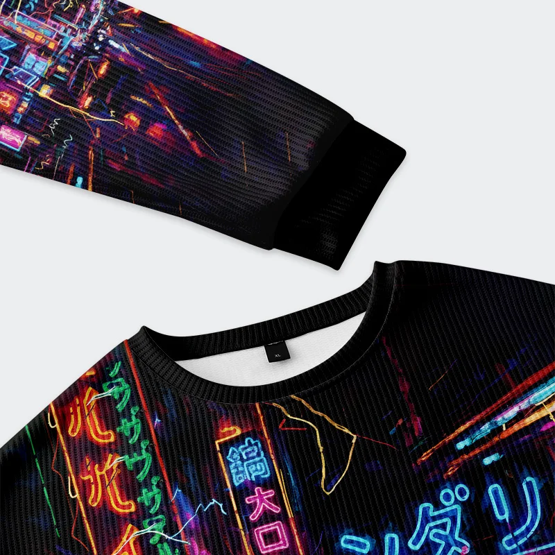 Japanese Street Scene Christmas Ugly Sweatshirt Close-up detail of the Japanese street scene Christmas ugly sweatshirt highlighting intricate graphic elements.