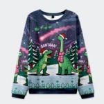 Front view of a dinosaur era Christmas ugly sweatshirt featuring vibrant colors and festive dinosaur designs.