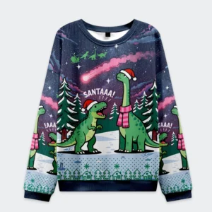 Front view of a dinosaur era Christmas ugly sweatshirt featuring vibrant colors and festive dinosaur designs.