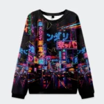 Front view of the Japanese street scene Christmas ugly sweatshirt featuring vibrant neon designs.