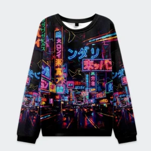 Front view of the Japanese street scene Christmas ugly sweatshirt featuring vibrant neon designs.