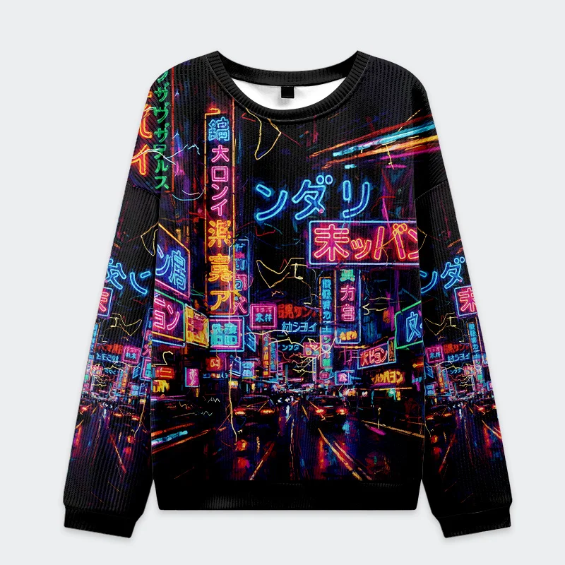 Japanese Street Scene Christmas Ugly Sweatshirt Front view of the Japanese street scene Christmas ugly sweatshirt featuring vibrant neon designs.