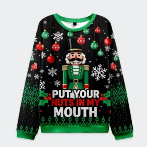 Front view of the nutcracker funny christmas ugly sweatshirt featuring vibrant design and festive colors.