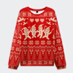 Front view of the happy cute guy Christmas ugly sweatshirt featuring playful gingerbread men on a vibrant red background.