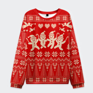 Front view of the happy cute guy Christmas ugly sweatshirt featuring playful gingerbread men on a vibrant red background.