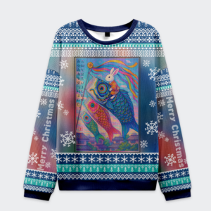 Front view of the ukiyoe rabbit ride carp streamer sweatshirt featuring vibrant colors and festive patterns.