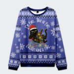 Front view of the everything is fine cat sweatshirt in blue, featuring a festive cat design with Christmas lights.