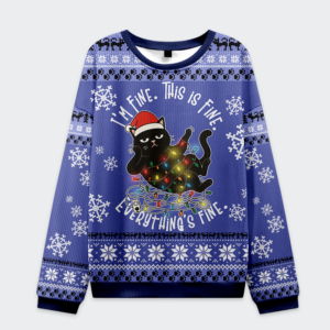 Front view of the everything is fine cat sweatshirt in blue, featuring a festive cat design with Christmas lights.