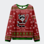 Front view of the chaos-mas raccoon samurai Christmas sweatshirt featuring a festive red design with green accents.