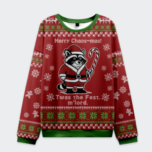 Front view of the chaos-mas raccoon samurai Christmas sweatshirt featuring a festive red design with green accents.