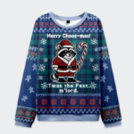 Front view of the candy cane raccoon samurai sweatshirt featuring a festive design with plaid and snowflakes.