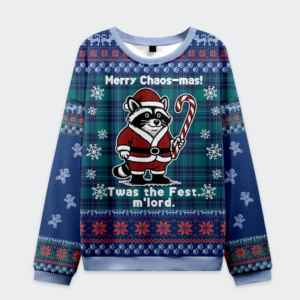 Front view of the candy cane raccoon samurai sweatshirt featuring a festive design with plaid and snowflakes.
