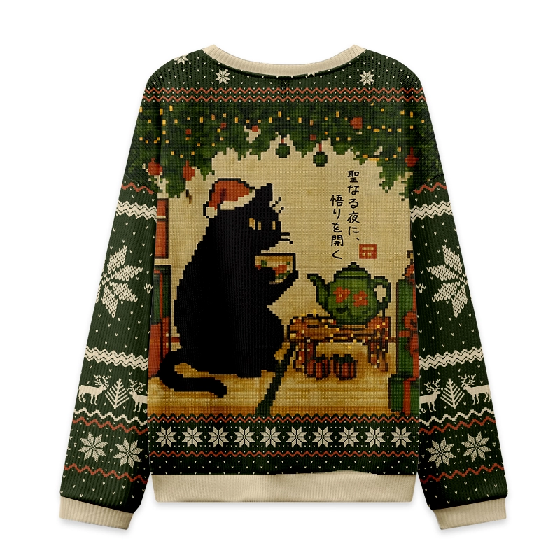Cute Cat Drinking Tea Christmas Ugly Sweatshirt Back view of the cute cat drinking tea Christmas ugly sweatshirt, showcasing the cozy knit and vibrant holiday patterns.