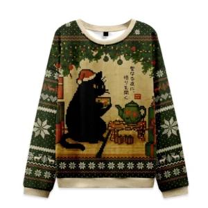 Front view of the cute cat drinking tea Christmas ugly sweatshirt, featuring a playful cat design and festive colors.