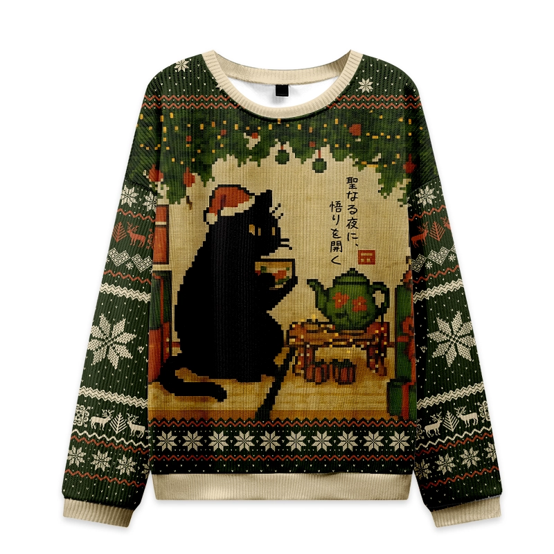 Cute Cat Drinking Tea Christmas Ugly Sweatshirt Front view of the cute cat drinking tea Christmas ugly sweatshirt, featuring a playful cat design and festive colors.