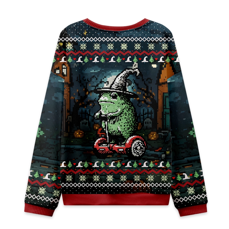 Funny Frog Ride Christmas Ugly Sweatshirt Back view showcasing the unique pattern of the funny frog ride Christmas ugly sweatshirt in a cozy fabric.