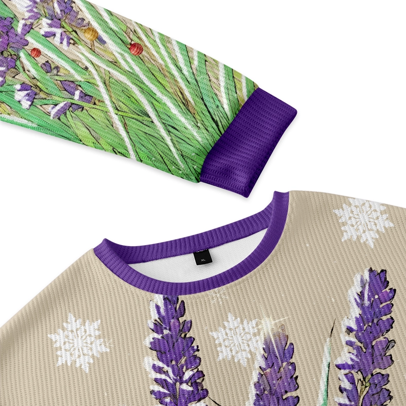 Japanese Lavender Christmas Ugly Sweatshirt Close-up of the Japanese lavender Christmas ugly sweatshirt highlighting the intricate floral design and cozy fabric texture.