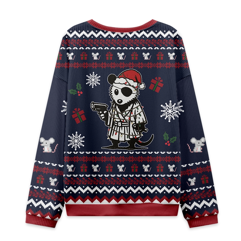 Possum Samurai Christmas Ugly Sweatshirt Detail shot showcasing the intricate Japanese art design on the possum samurai christmas ugly sweatshirt.