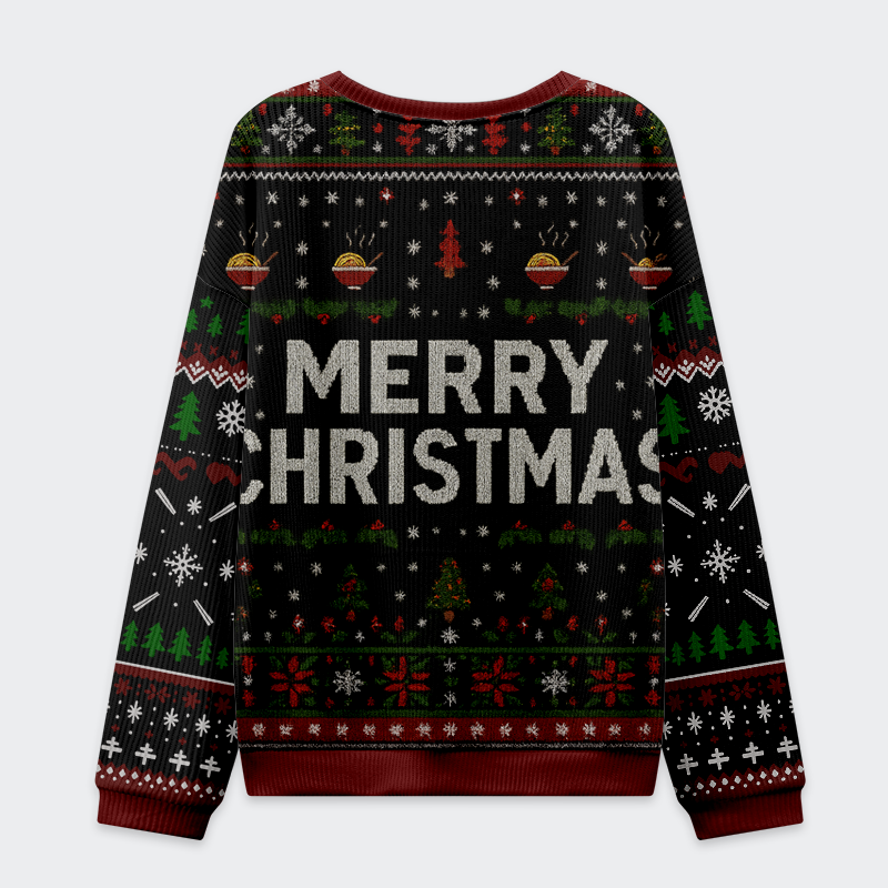 Slurp Smile Repeat Holiday Christmas Ugly Sweatshirt Back view of the cozy sweatshirt showcasing a vibrant Christmas pattern with bowls and trees, perfect for holiday cheer.