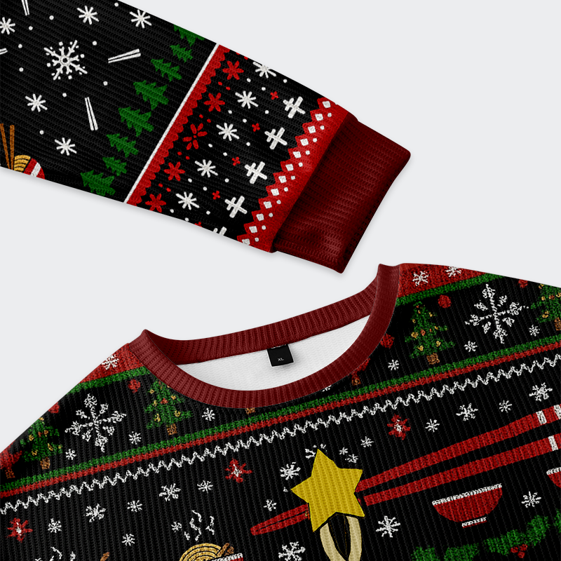 Slurp Smile Repeat Holiday Christmas Ugly Sweatshirt Close-up detail of the colorful 'Slurp, Smile, Repeat' design on the holiday sweatshirt, highlighting festive elements.