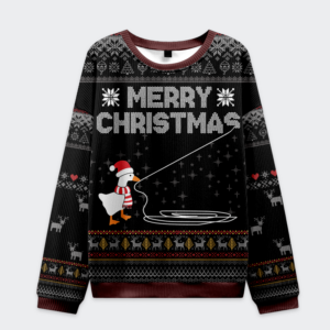 Goose pulling out its wool Christmas ugly sweatshirt in black, featuring a festive design with a cheerful goose.