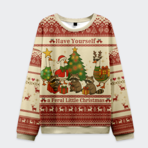 Front view of the Wild Holiday Animal Party sweatshirt featuring 'Have Yourself a Feral Little Christmas' design in festive c