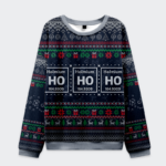 Front view of the Ho Ho Ho Holmium Christmas ugly sweatshirt featuring a festive navy design with holiday patterns.