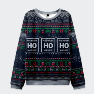 Front view of the Ho Ho Ho Holmium Christmas ugly sweatshirt featuring a festive navy design with holiday patterns.