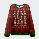 Front view of the funny cute pet dog lover Christmas ugly sweatshirt featuring playful dog designs on a red background.