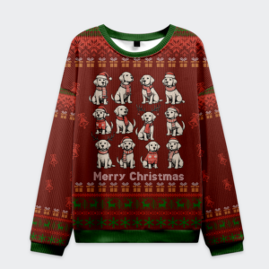 Front view of the funny cute pet dog lover Christmas ugly sweatshirt featuring playful dog designs on a red background.