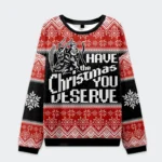 Front view of the krampus takes children christmas ugly sweatshirt, featuring red and black colors with festive patterns.