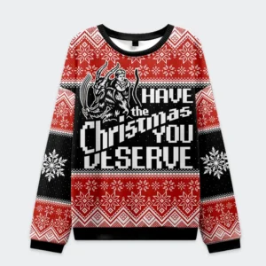 Front view of the krampus takes children christmas ugly sweatshirt, featuring red and black colors with festive patterns.