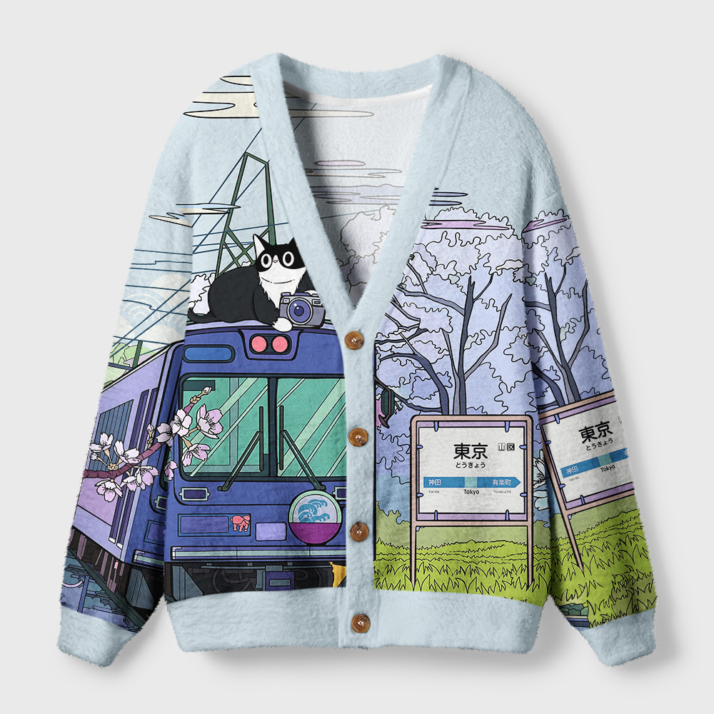 Black Cat on the Train Cardigan | Japanese Cat Design Front view of the black cat on the train cardigan featuring a whimsical Japanese cat design and vibrant colors.
